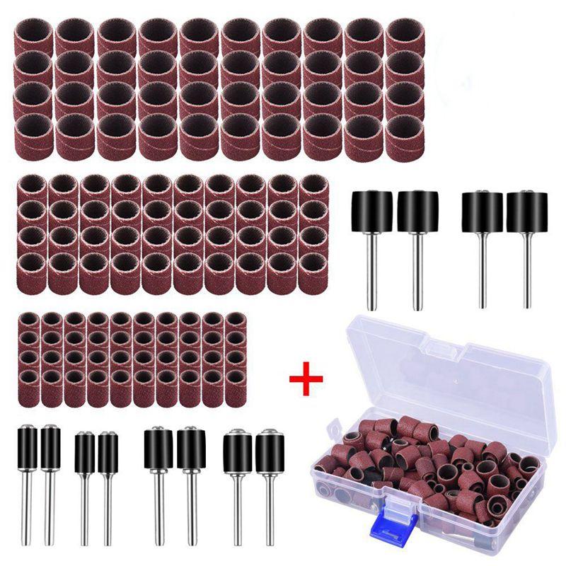 Изображение товара: 132 шт. барабанный шлифовальный комплект с бесплатной коробкой, включая 120 шт. шлифовальный ленточный рукав для ногтей и 12 шт. барабанный шпиндели для Dremel R