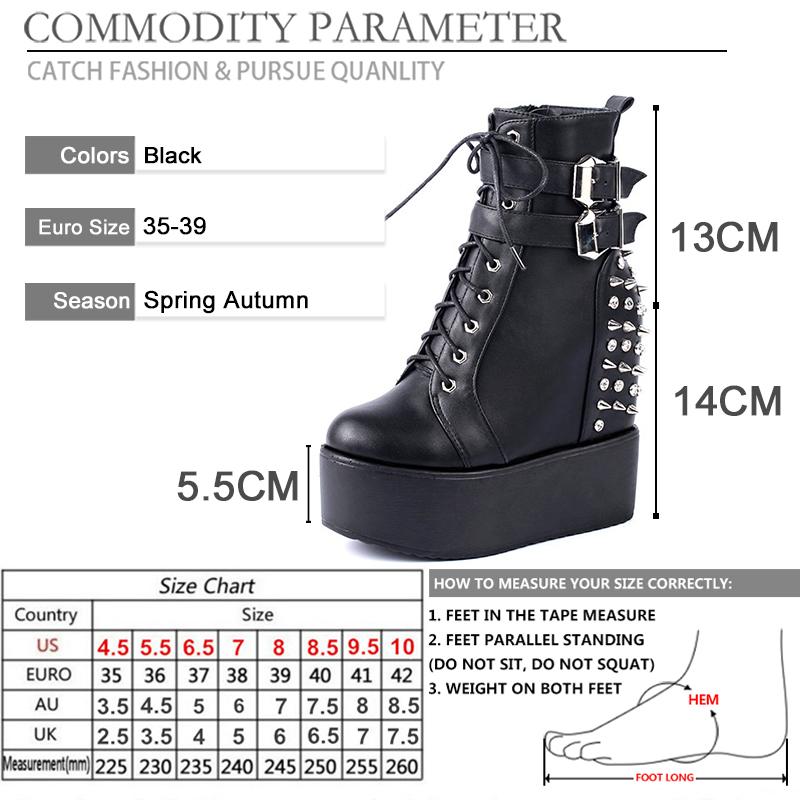 Изображение товара: Женские ботинки на шнуровке BYQDY, Черные ботильоны на высокой платформе, с круглым носком, с металлическими заклепками, размер 35-39, увеличивающие рост, 5,5 см