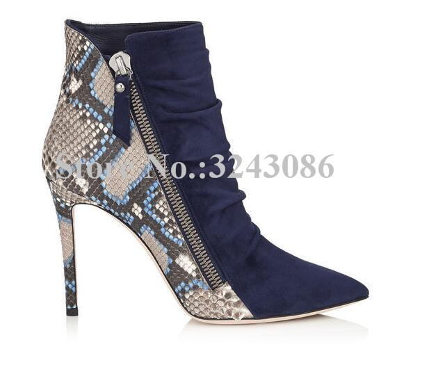 Изображение товара: Пикантные женские ботильоны из змеиной кожи; Модные синие полусапожки на молнии; Женские вечерние туфли на шпильке; Прямая поставка; Обувь для банкета