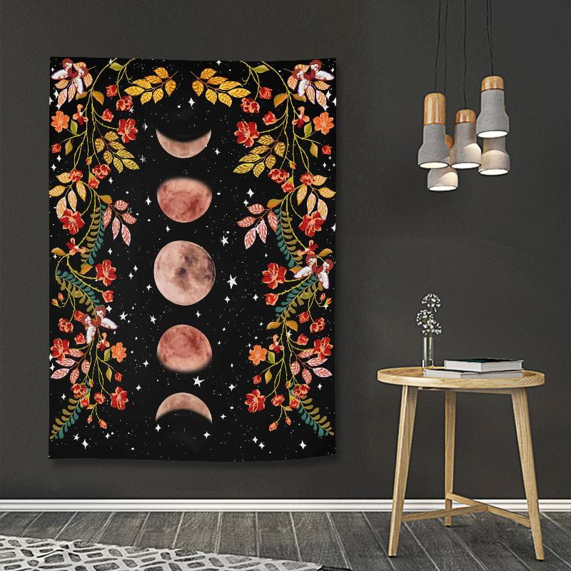 Изображение товара: Большой подвесной гобелен фазы Луны, окруженный растениями и цветами, черное Настенное подвесное одеяло, пляжный коврик для йоги