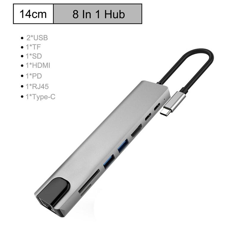 Изображение товара: USB-концентратор 8 в 1, многопортовый адаптер Type-C с 4K HDMI портом, Ethernet 1000 Мбит/с, порт RJ45, Подача питания USB-C, карта памяти TF/SD