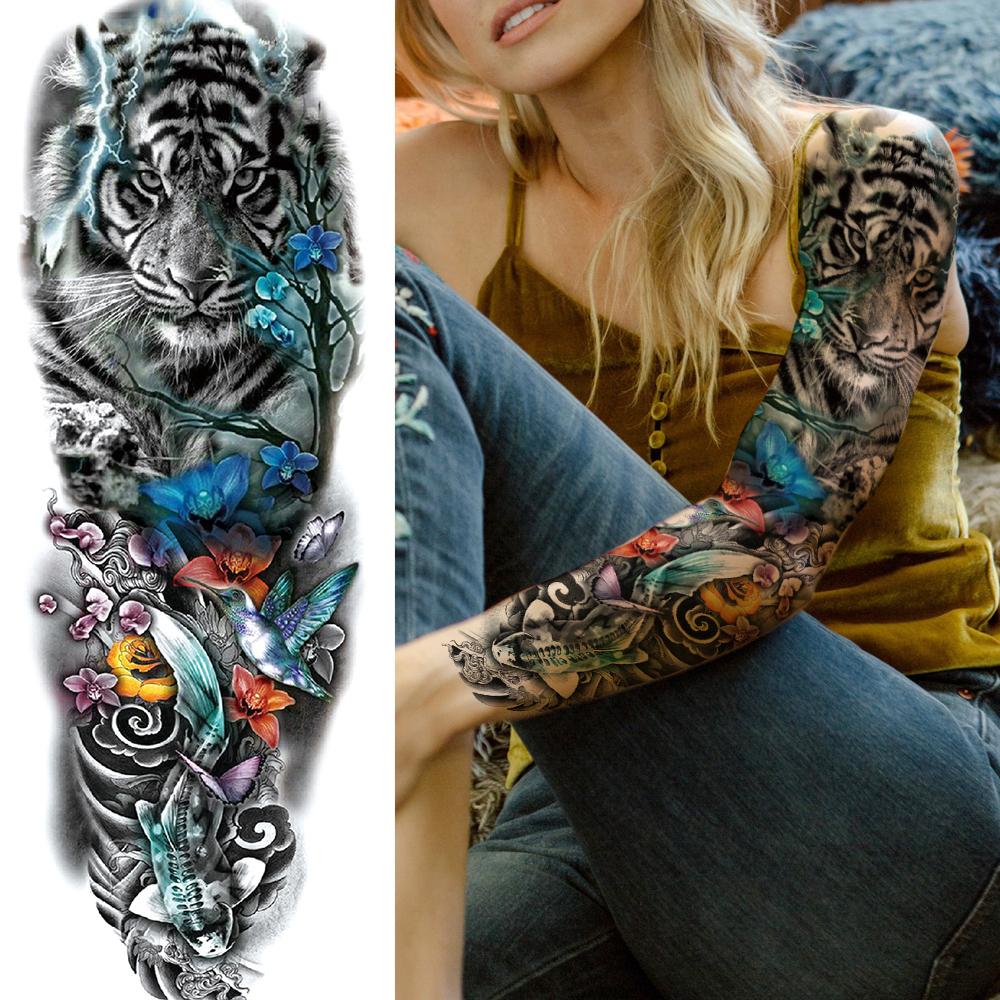 Изображение товара: Black Lion Temporary Tattoos Sleeve For Men Boy Fake Knight Tiger Full Arm Tatoos 3D High Quality Long Demon Eye Tatto Stickers