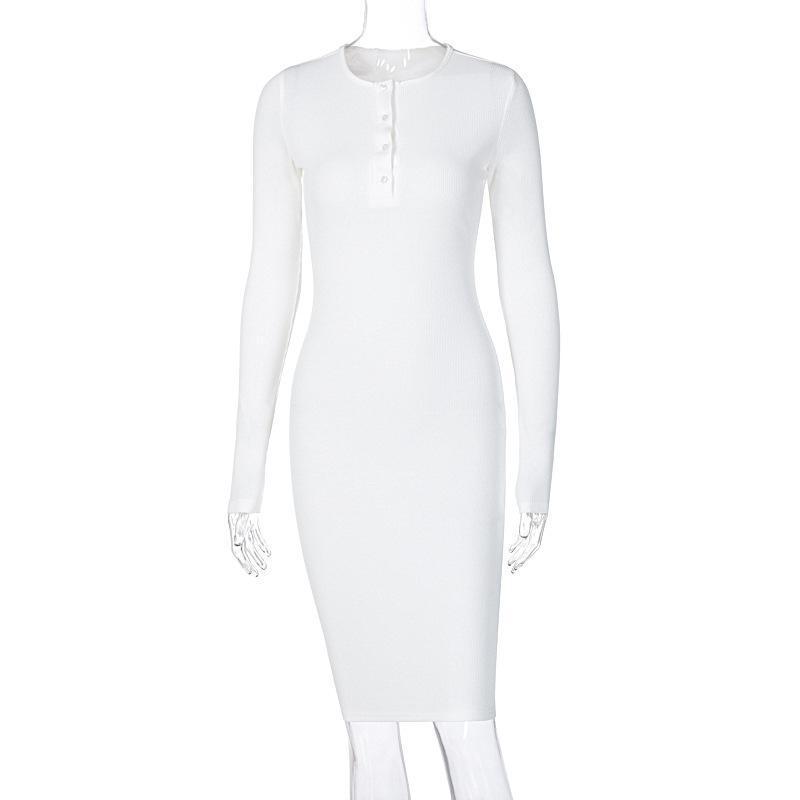 Изображение товара: Женское Ребристое платье на пуговицах FANTOYE, повседневное однотонное облегающее платье-миди с длинным рукавом и V-образным вырезом, уличная одежда на осень