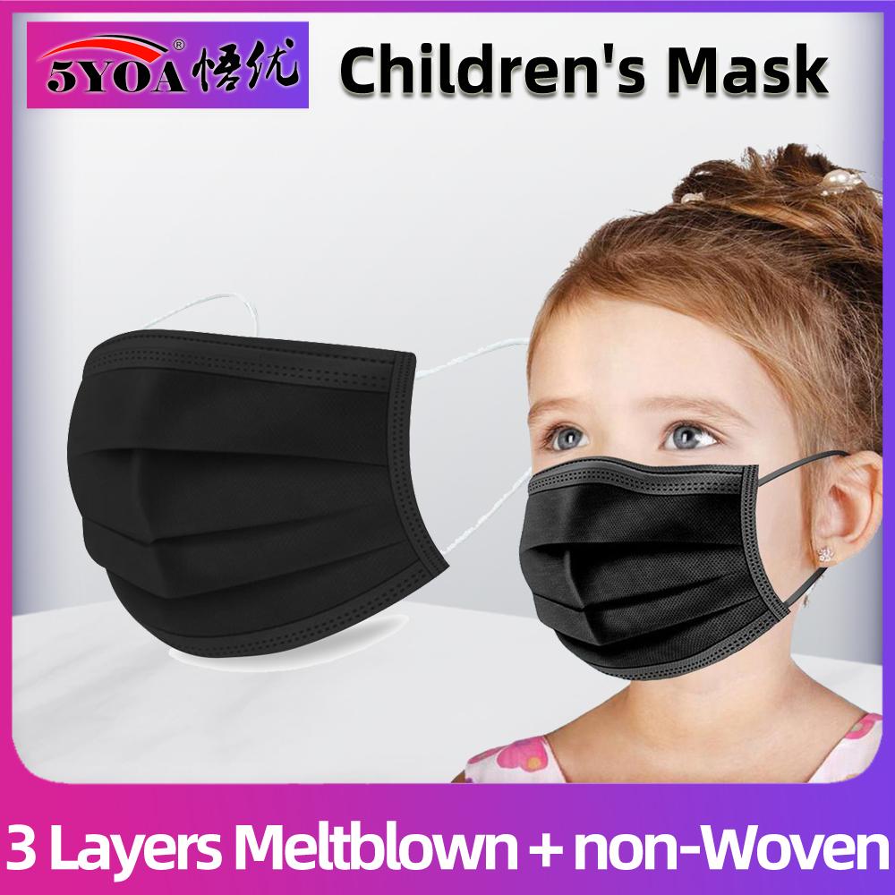 Изображение товара: 1-500 шт., детские маски для лица, детские одноразовые противопротивотуманные маски для рта, черные мягкие дышащие нетканые маски PM2.5 для мальчиков и девочек, 3 слоя