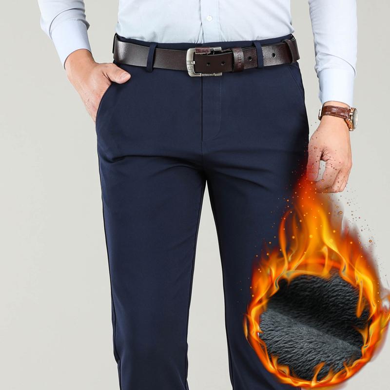 Изображение товара: Брюки мужские теплые, классические модные штаны, классический стиль, повседневные утепленные, цвета хаки, темно-синий, черный, большие размеры 40 42 44, на зиму