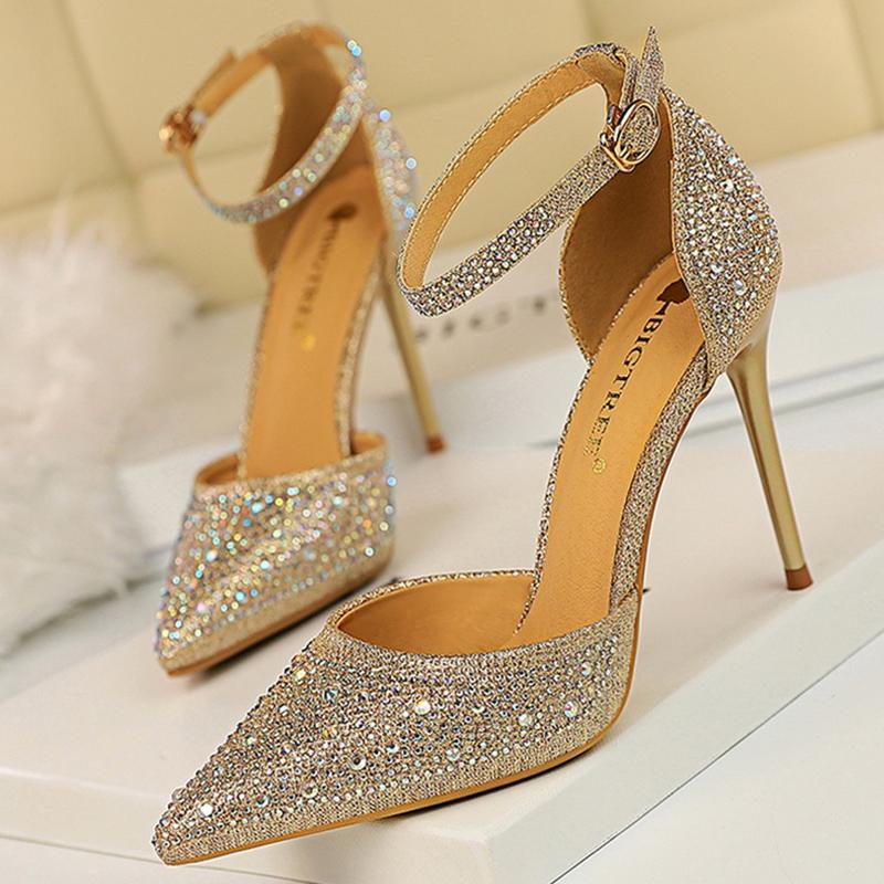 Изображение товара: 2022 сексуальные женские босоножки на высоком каблуке 10 см, размер 40, свадебные босоножки, стразы, блестящие каблуки, фетиш, золотые туфли-лодочки с кристаллами