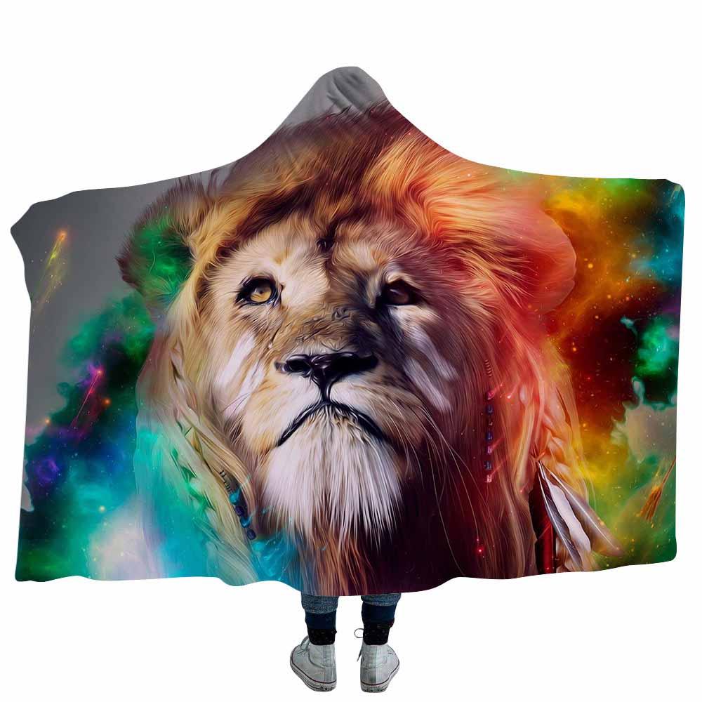 Изображение товара: Одеяло с капюшоном Lannidaa, зимнее теплое супермягкое флисовое Двухслойное покрывало с капюшоном, с 3D принтом льва, для кровати, дивана