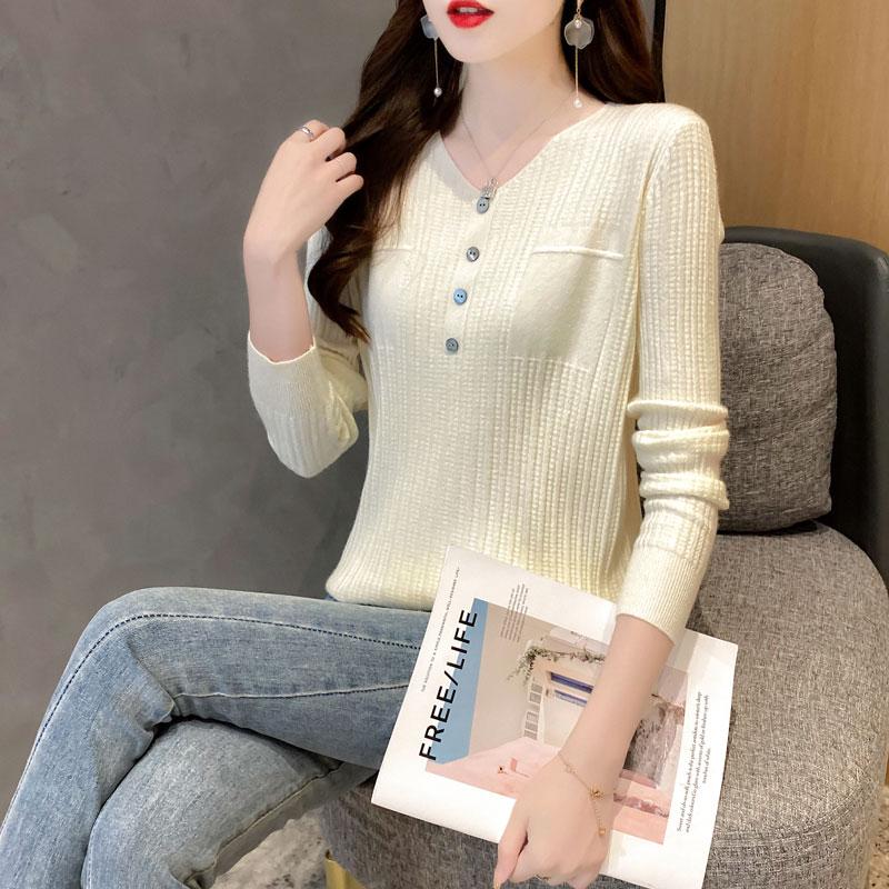 Изображение товара: Женский трикотажный пуловер, Повседневный пуловер в рубчик, с длинным рукавом, v-образным вырезом, на пуговицах, весна-осень, C179, 2020