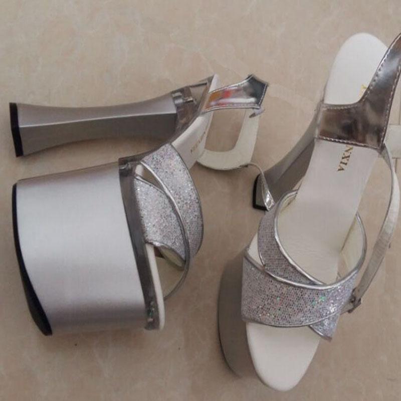 Изображение товара: Новые удобные туфли на толстом каблуке 7 дюймов пикантные блестящие босоножки на высоком каблуке танцевальная обувь на каблуке 18 см