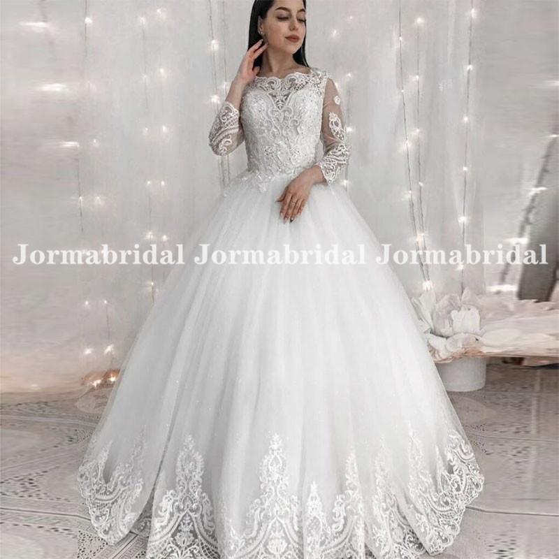 Изображение товара: 2021 белое прозрачное кружевное свадебное платье с 3/4 длинными рукавами длиной до пола, бальное платье, женские свадебные платья принцессы, Vestidos De Novia