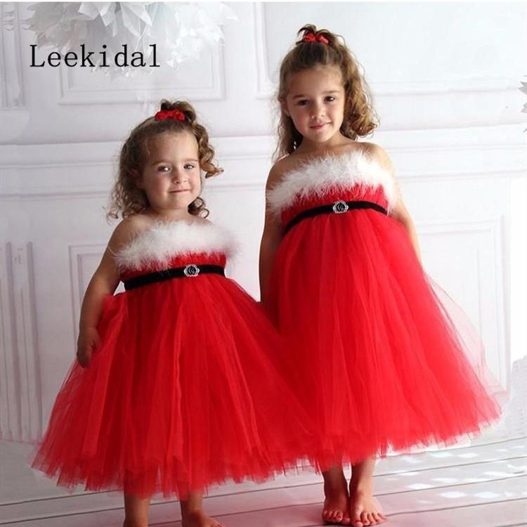 Изображение товара: Милое красное платье с перьями и цветами для девочек на свадьбу, бальное платье, рождественское платье для маленьких детей, пышное платье для причастия, платья