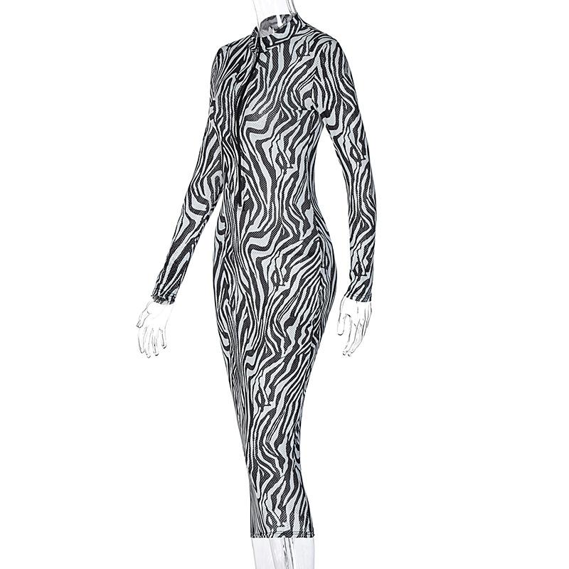 Изображение товара: Платье женское средней длины на молнии с принтом зебры, прозрачное облегающее пикантное уличное платье с длинным рукавом и дырками, Клубная одежда, осень-зима 2020