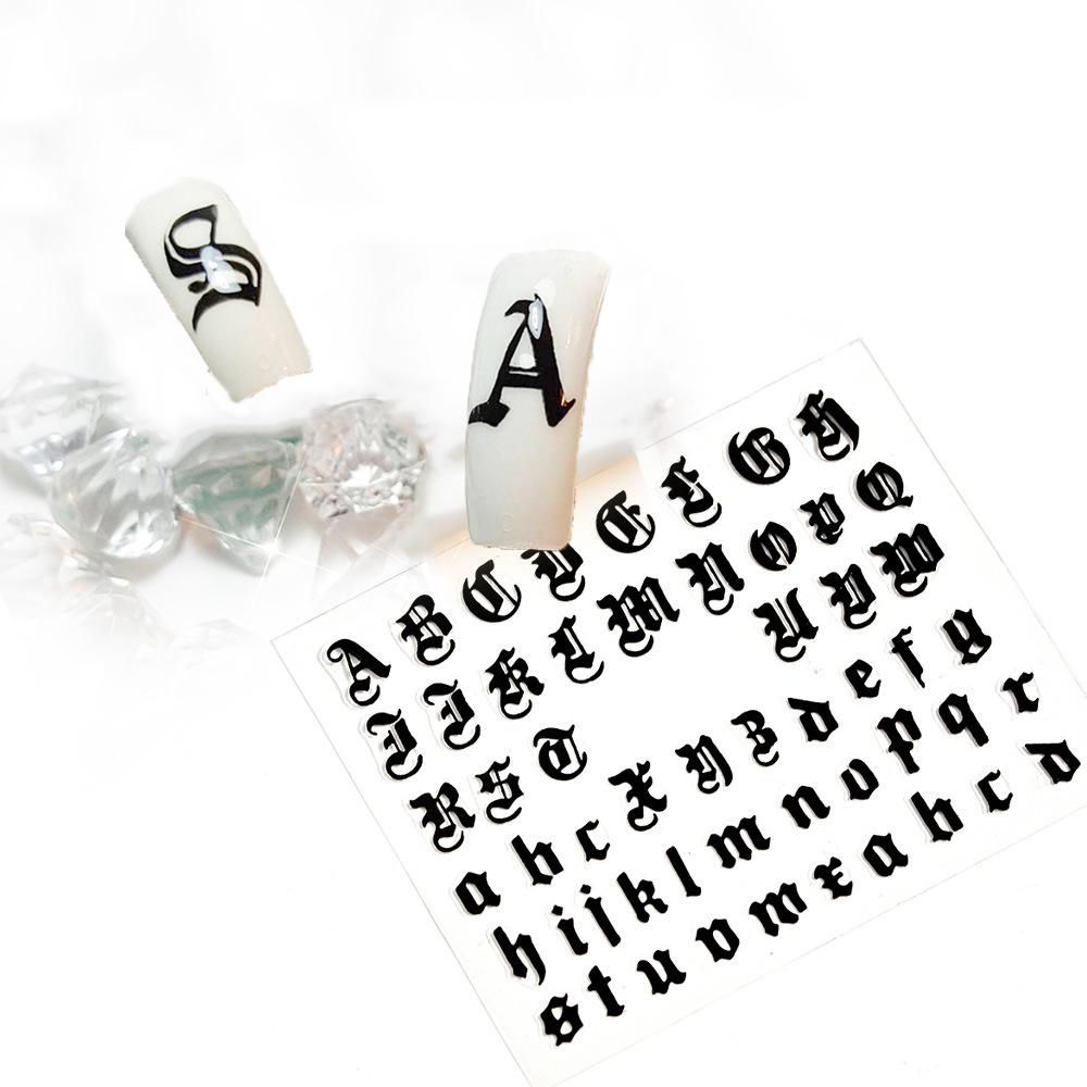 Изображение товара: 3D-Наклейки для ногтей с буквами, английский старый шрифт, черные цифры, татуировки, дизайн ногтей, водные слайдеры декоративный для маникюра DIY