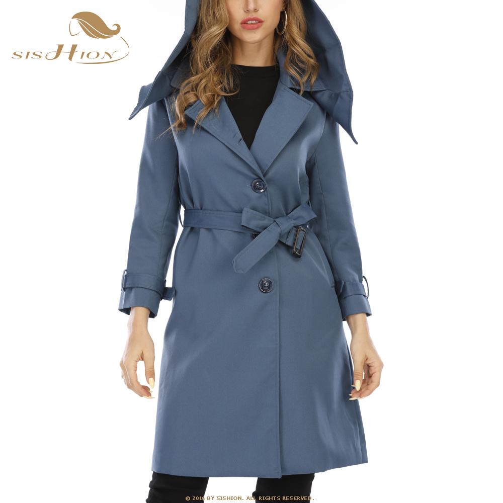 Изображение товара: Женский Длинный тренчкот с капюшоном, элегантный синий винтажный тренчкот в английском стиле с поясом, модель VD1577 на осень, 2022