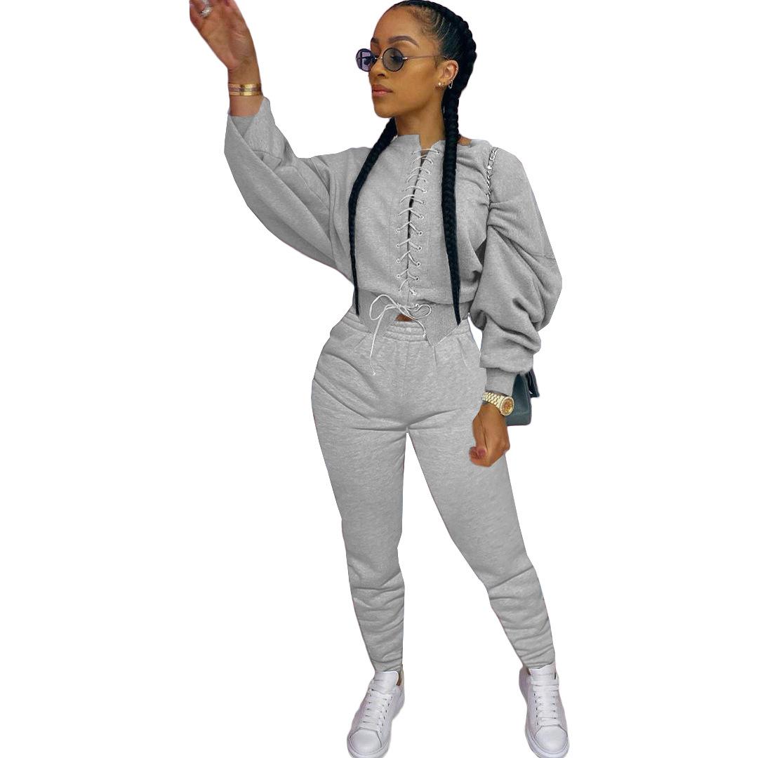 Изображение товара: Solid Color Bandage Long Sleeve Round Neck Hoodie Tops and Pencil Trousers Women Casual Suits 2020 Autumn Sports 2 Piece Set