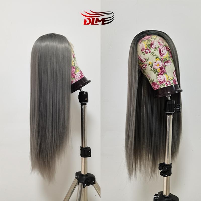 Изображение товара: Парик DLME Омбре серого цвета, термостойкие волосы из синтетического волокна, фронтальные шелковистые длинные прямые серые, для косплея, для женщин