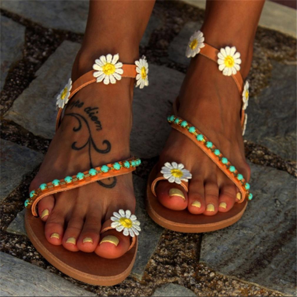 Изображение товара: Сандалии женские с жемчугом, плоская подошва, цветочные шлепанцы, римские сандалии, гладиаторы, летняя обувь