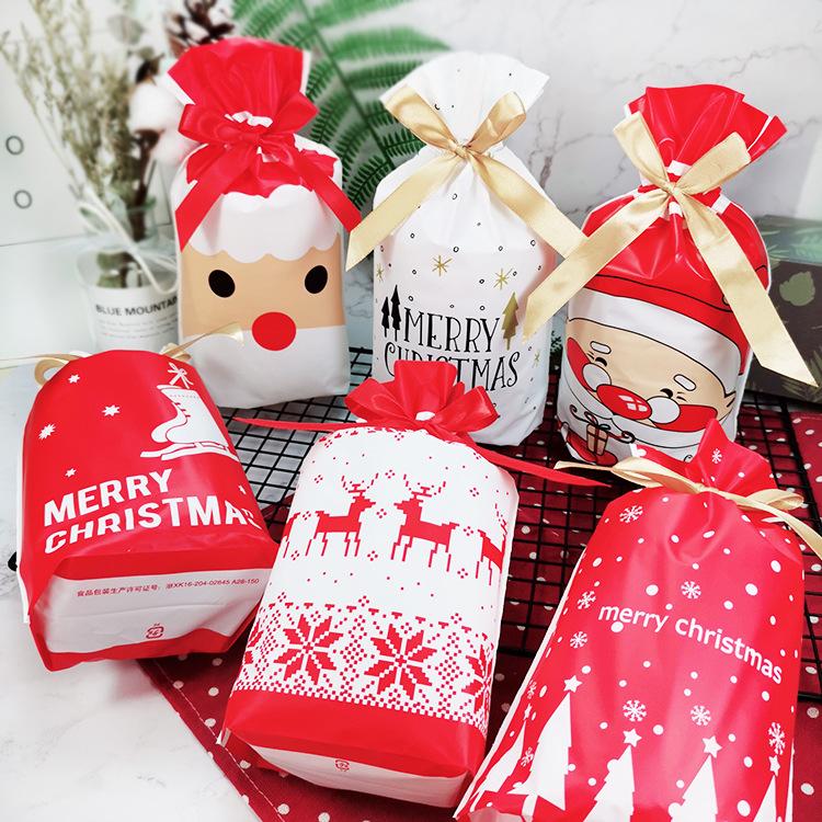 Изображение товара: 10 шт., новогодние, рождественские пакеты, рождественские Подарочный пакет конфеты пластиковые пакеты для упаковки пищевых продуктов, подарочные карманы на шнурке