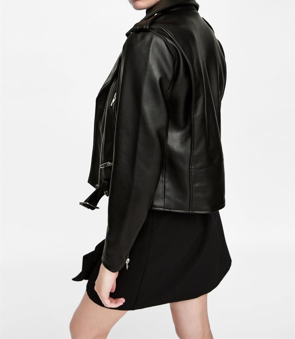 Изображение товара: KALENMOS Новая Осенняя Женская куртка из искусственной кожи, женская короткая куртка на молнии с поясом, женская черная куртка-бомбер в стиле панк, верхняя одежда из искусственной кожи