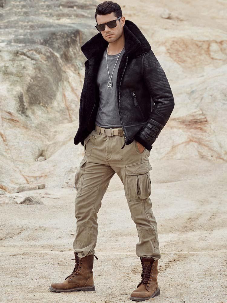 Изображение товара: Новая мужская дубленка, мужская куртка-бомбер B3, Короткая Меховая куртка, черная кожаная куртка, мотоциклетная куртка, пальто из натуральной овчины