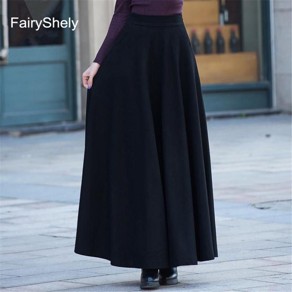 Изображение товара: FairyShely 2022 осень-зима ретро плиссированная юбка с высокой талией, женская повседневная шерстяная Макси-юбка с карманами, женская красная длинная Расклешенная юбка