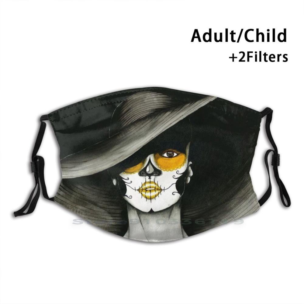 Изображение товара: Dia-де-лос-muertos печать многоразовая маска Pm2.5 фильтр маска для лица для детей диа-де-лос-muertos женская шляпа золото