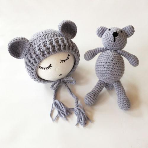 Изображение товара: Вязаный костюм для новорожденных девочек и мальчиков, шапка с медвежьими ушками, однотонные милые шапки с животными