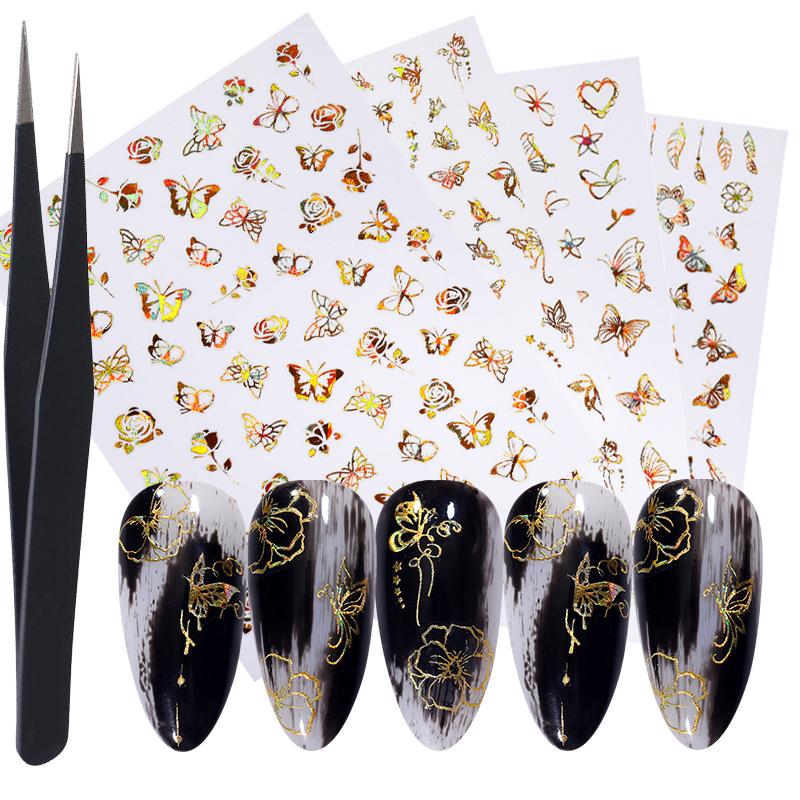 Изображение товара: Золотые листья, наклейки для дизайна ногтей, набор 3D, самостоятельная наклейка для ногтей, цветок, Бабочка, переводная наклейка, наклейка, слайдер, Декор