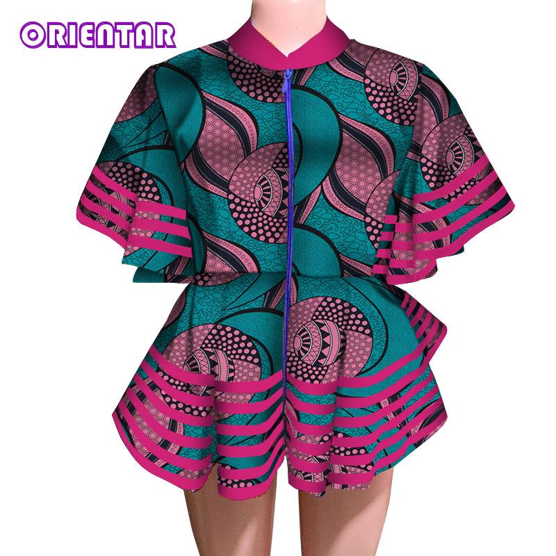 Изображение товара: Модная африканская одежда для женщин, Комбинезоны на молнии с оборками и коротким рукавом, Женская африканская восковая одежда с принтом, базин богатый WY4864