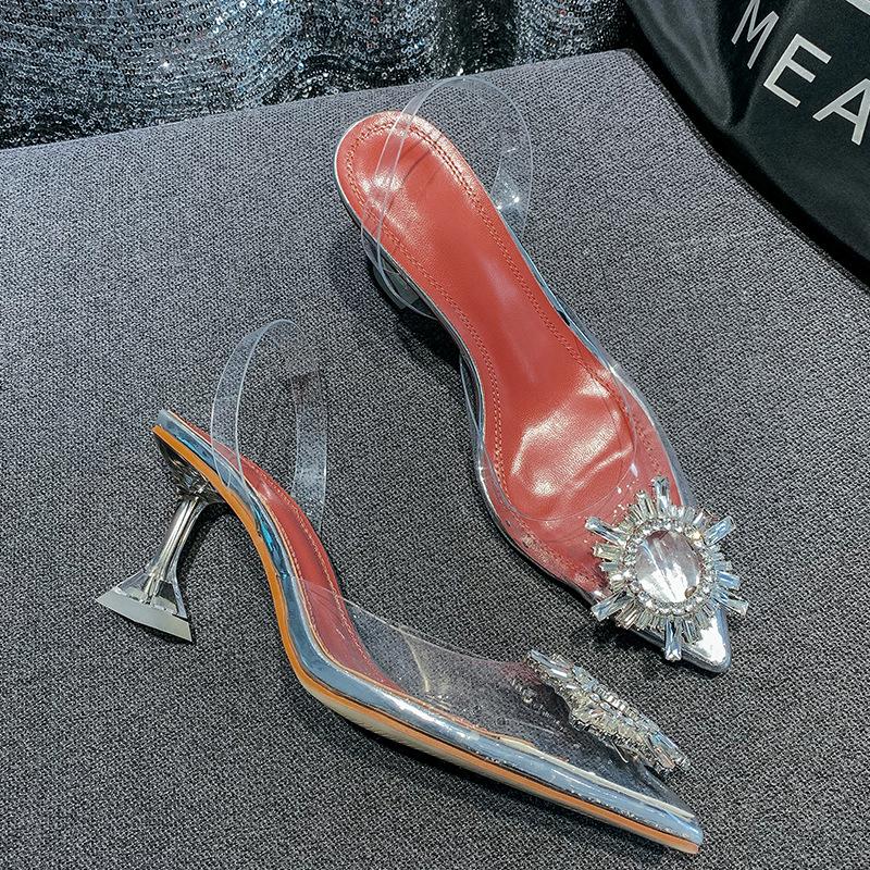 Изображение товара: Летние сандалии на высоком каблуке, прозрачные Серебристые сандалии стразы с острым носком из ПВХ, бесплатная доставка, модные женские сандалии, новый дизайн