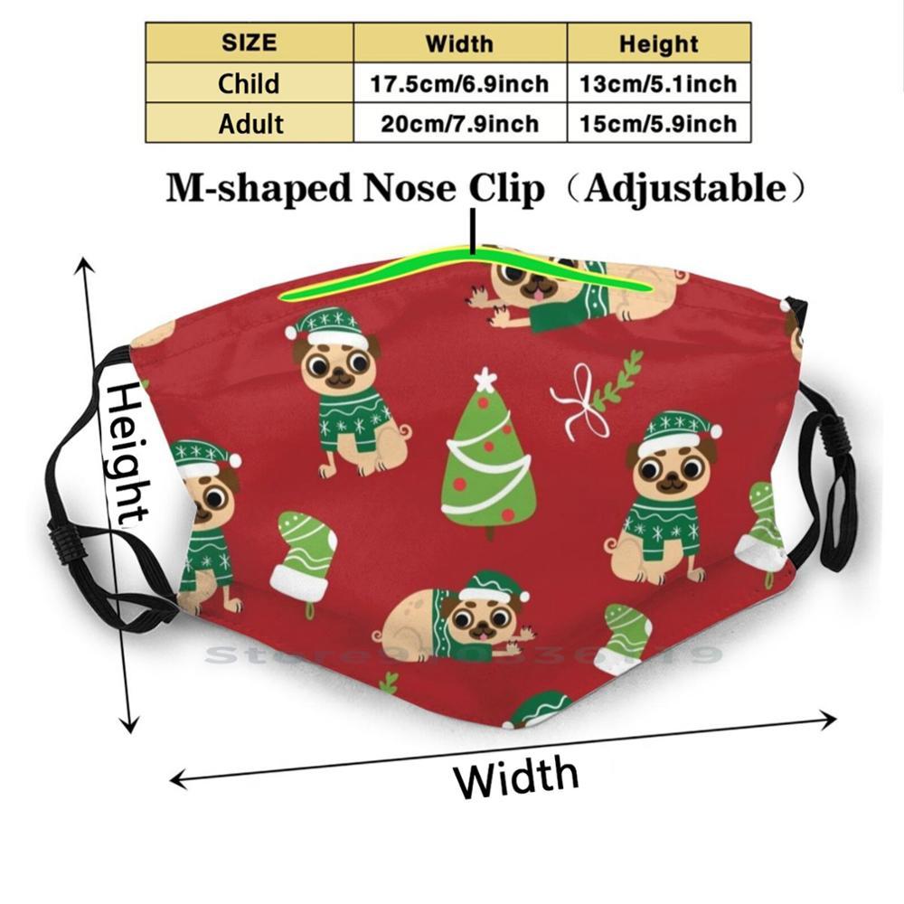 Изображение товара: Рождественские Мопсы: милый малиновый узор, многоразовая маска для лица с фильтрами для детей, Мопсов, Рождественский Санта-Клаус, зеленая елка
