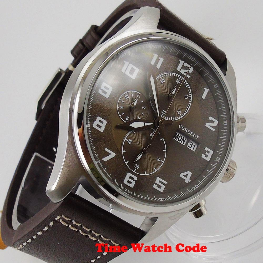 Изображение товара: Corgeut 42 мм кварцевые мужские наручные часы с хронографом, секундомером, отображением даты недели, кожаным ремешком, кофейным циферблатом, календарем