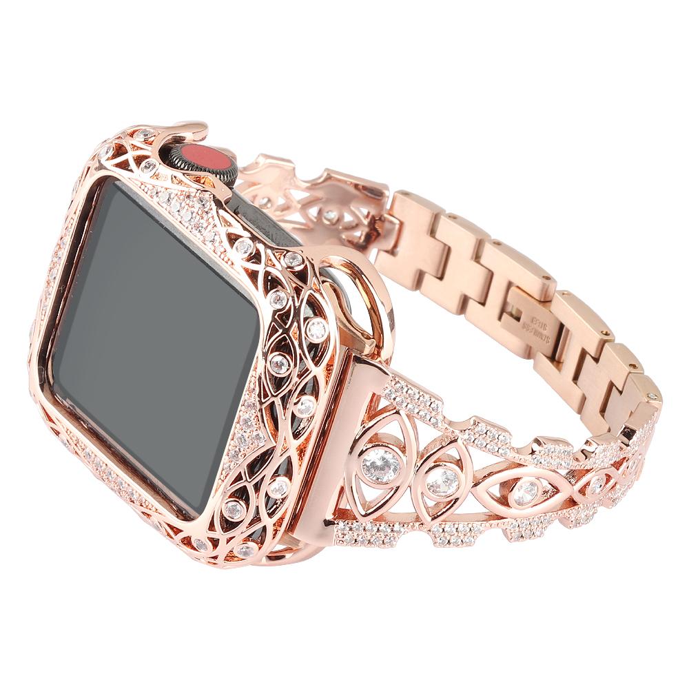 Изображение товара: Ремешок стальной с полыми бриллиантами и блестками для Apple Watch 7 Band Series SE 6 5 4 3, женский браслет для Iwatch 41 мм 45 мм 44 мм 40 мм