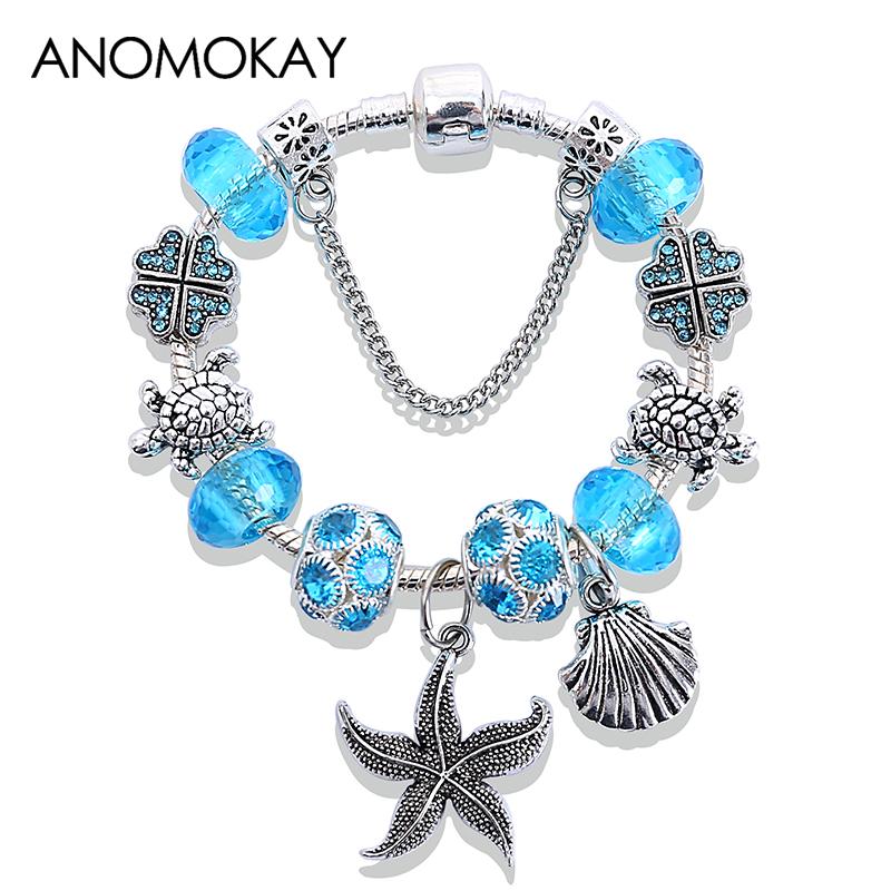 Изображение товара: Античное серебряное покрытие, морская звезда, черепаха, женский синий браслет и браслеты, детский подарок, ювелирные изделия