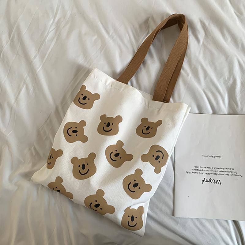 Изображение товара: Новая Холщовая Сумка через плечо HAWSON для женщин, белые женские сумки с мультяшным медведем, тканевые сумки для покупок, женская сумка-тоут, пляжная сумка для магазина