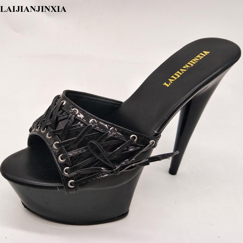 Изображение товара: Новинка, женские тапочки LAIJIANJINXIA, летняя обувь на высоком каблуке 15 см, женские шлепанцы, модная женская обувь на платформе, сланцы