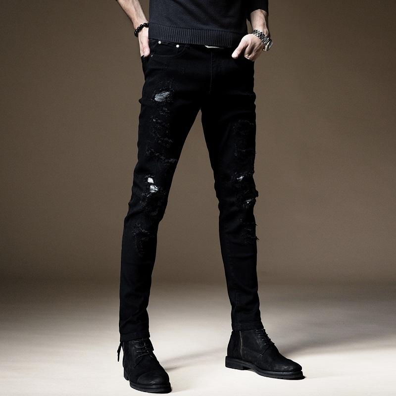 Изображение товара: Брюки-Карандаш мужские рваные, Модные зауженные джинсы-стрейч, повседневные брюки из денима в Корейском стиле, черные