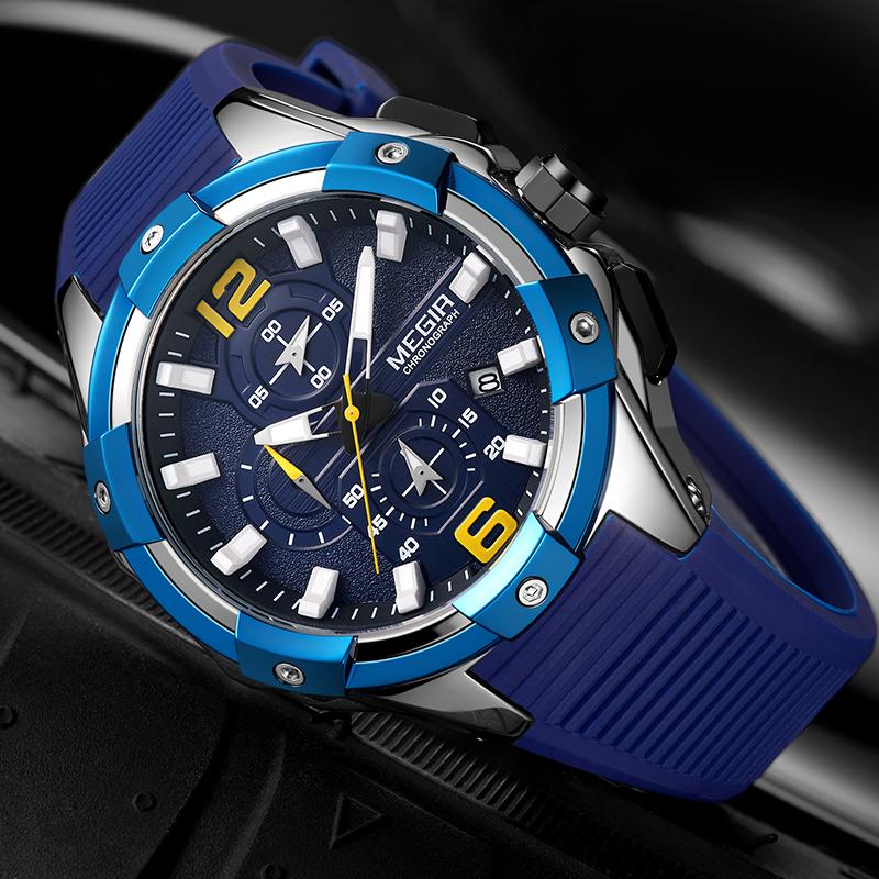 Изображение товара: Часы мужские MEGIR, синие, спортивные, роскошные, с хронографом, военные, кварцевые, светящиеся