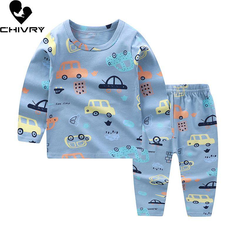 Изображение товара: Пижамный комплект для мальчиков и девочек, футболка с длинным рукавом и круглым вырезом с мультипликационным принтом и штаны, осенняя одежда для сна для малышей