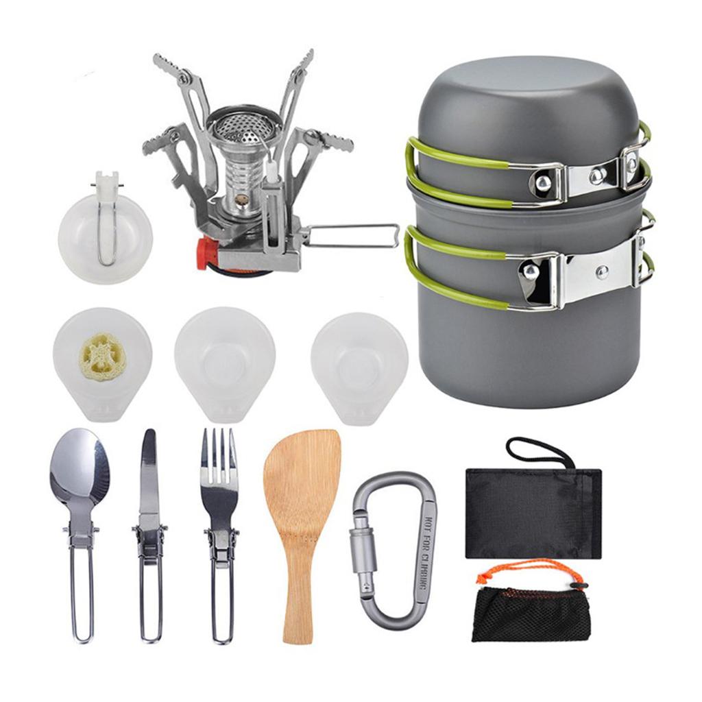 Изображение товара: Набор посуды для кемпинга, комплект из 11 предметов с сумкой для переноски и кастрюлей, из нержавеющей стали, складная ложка, вилка, нож, кастрюля