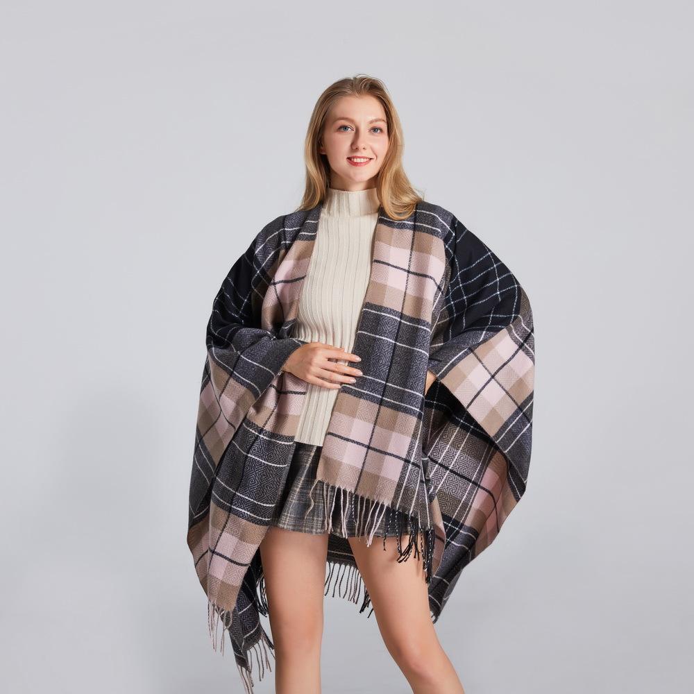 Изображение товара: Пончо женское в клетку, удобное теплое пальто в европейском и американском стиле, с имитацией цвета, шаль, шарф-пончо