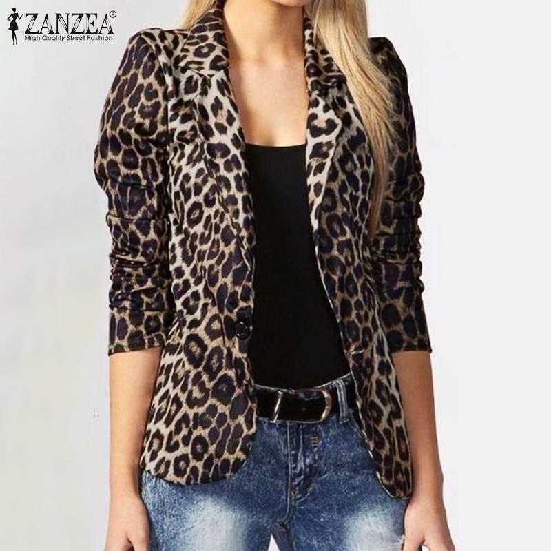 Изображение товара: Женский блейзер ZANZEA 2022, модные женские офисные костюмы, верхняя одежда на одной пуговице, Женское пальто с леопардовым отворотом на весну и осень