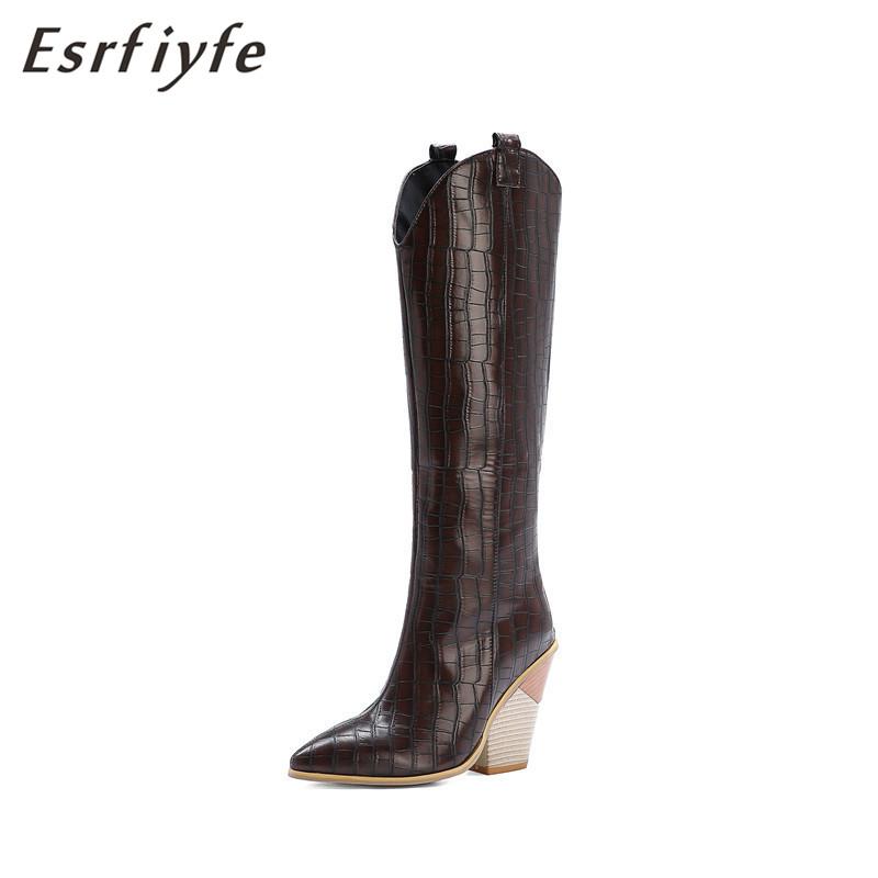 Изображение товара: ESRFIYFE 2020 новые женские сапоги до колена ковбойские сапоги в западном стиле для женщин длинные зимние сапоги на молнии с острым носком Сапоги на танкетке