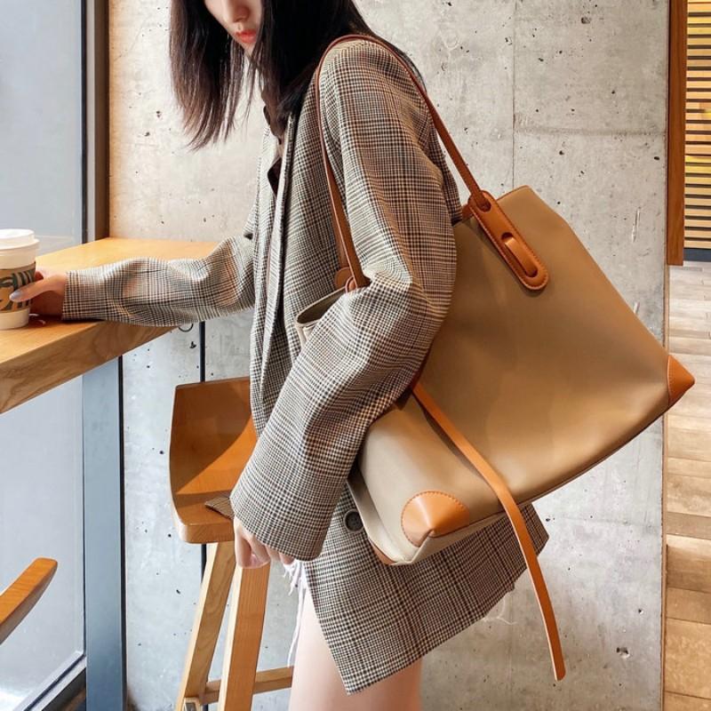 Изображение товара: Сумка-тоут женская из ткани Оксфорд, однотонная простая повседневная сумочка-тоут большой вместимости, модный саквояж на одно плечо в стиле пэчворк