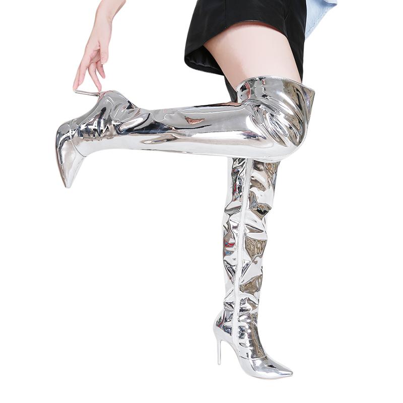 Изображение товара: Пикантные Серебристые сапоги до бедра с зеркальным покрытием женские Клубные вечерние туфли с острым носком высокие женские сапоги выше колена на тонком высоком каблуке