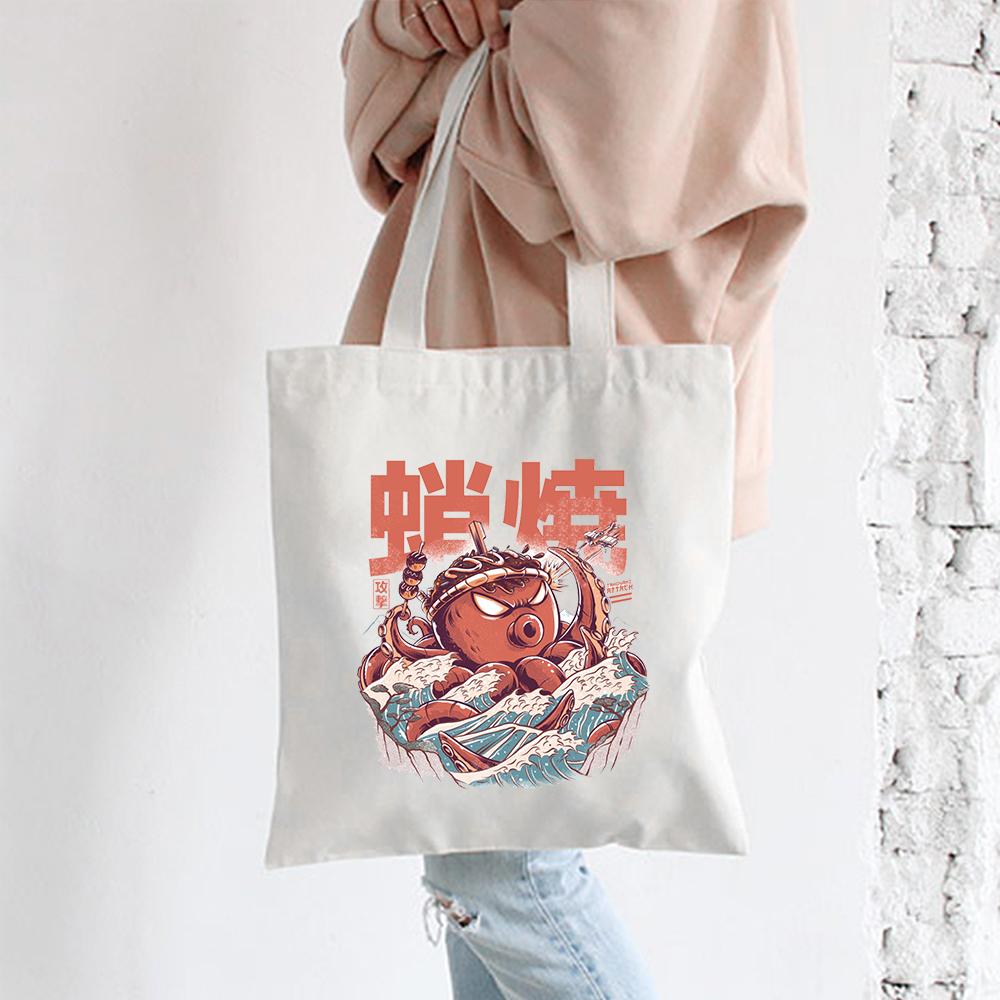 Изображение товара: Складная сумка для покупок из переработанных материалов, экологически чистые Женские сумки в японском стиле, цветочные фрукты, овощи, карман для продуктов