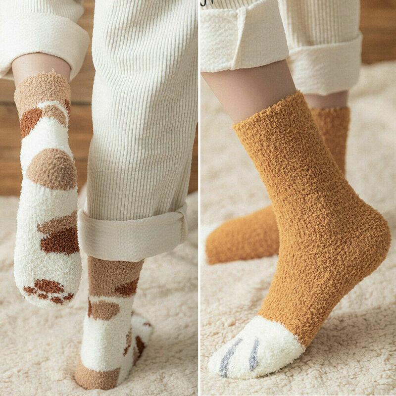 Изображение товара: Пушистые теплые носки-тапочки, женские носки, милые толстые зимние теплые носки-тапочки с кошачьими лапками, мягкие носки-Тапочки