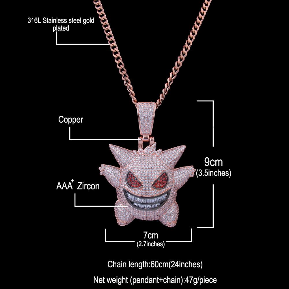 Изображение товара: Мужская подвеска в стиле хип-хоп, золотого цвета, призрак ГЭН из циркония, Большая подвеска в стиле Покемон, эльф, аниме, подвеска для питомца, ожерелье в стиле хип-хоп для мужчин