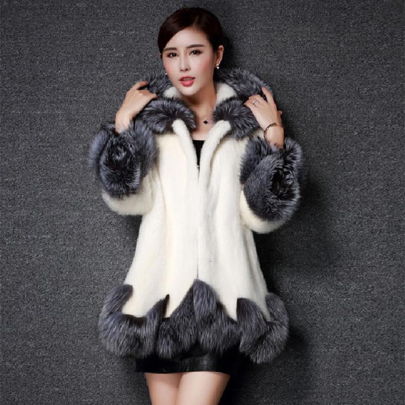 Изображение товара: Женское пальто из искусственного меха, Осень-зима 2020, Длинные куртки с капюшоном, женское повседневное плотное теплое меховое пальто в стиле пэчворк, свободная одежда оверсайз
