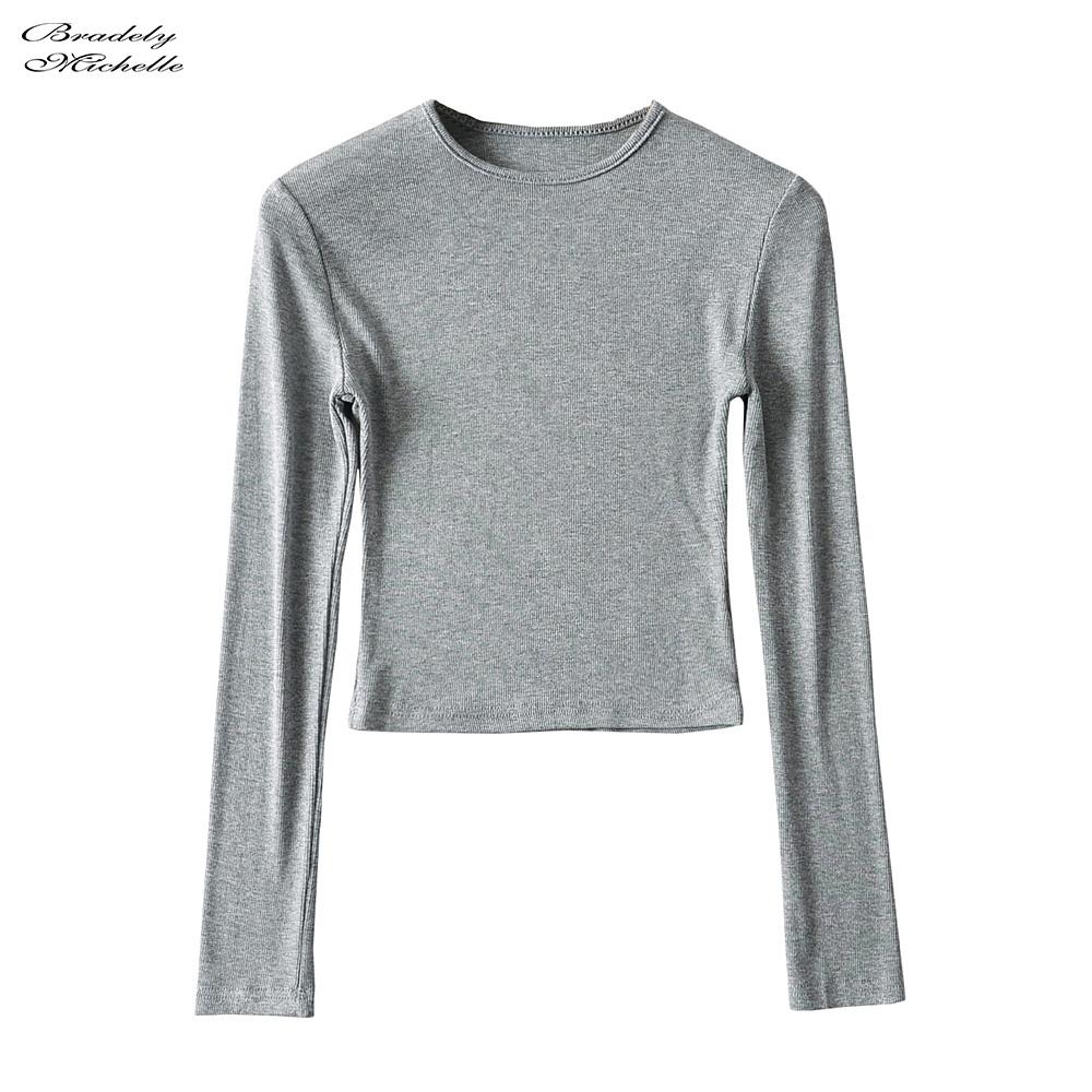 Изображение товара: Женская одежда BRADELY MICHELLE 2020, эластичные хлопковые укороченные топы, Повседневная Однотонная футболка с круглым вырезом и длинным рукавом